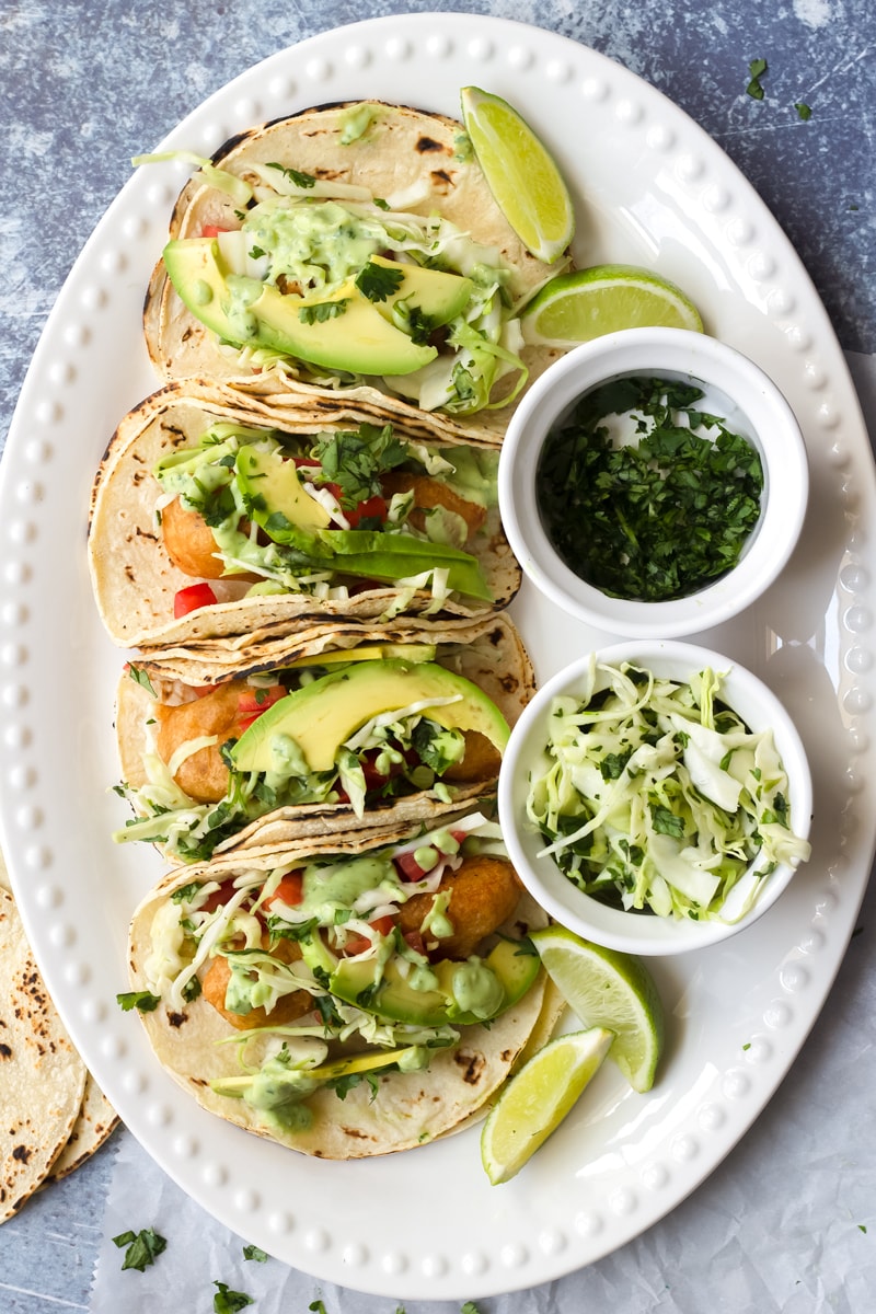 crispy baja fish tacos with cabbage slaw and cilantro