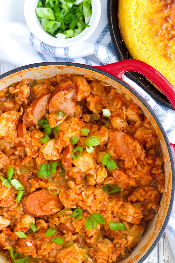 one pot jambalaya with corn bread and scallions