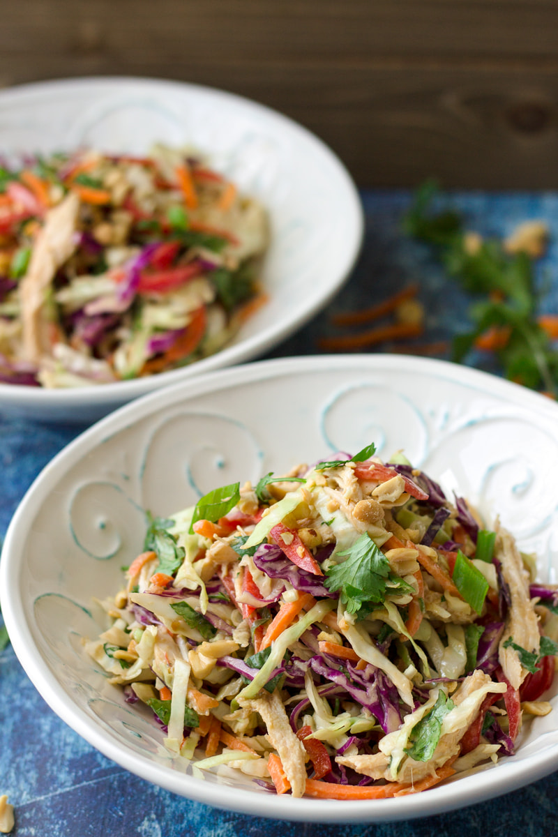 asian chicken slaw salad with peanut butter dressing