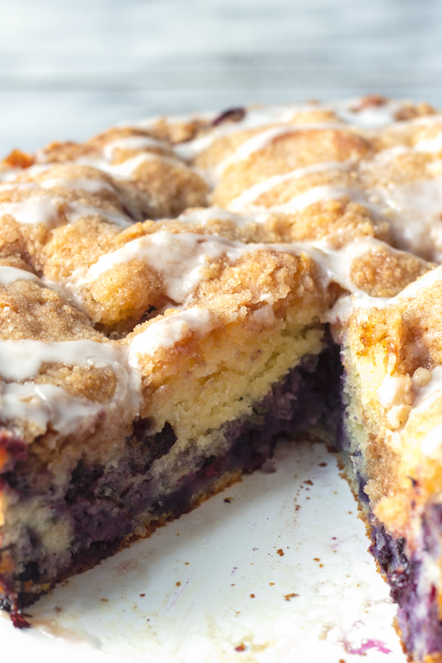 blueberry coffee cake with lemon glaze cut