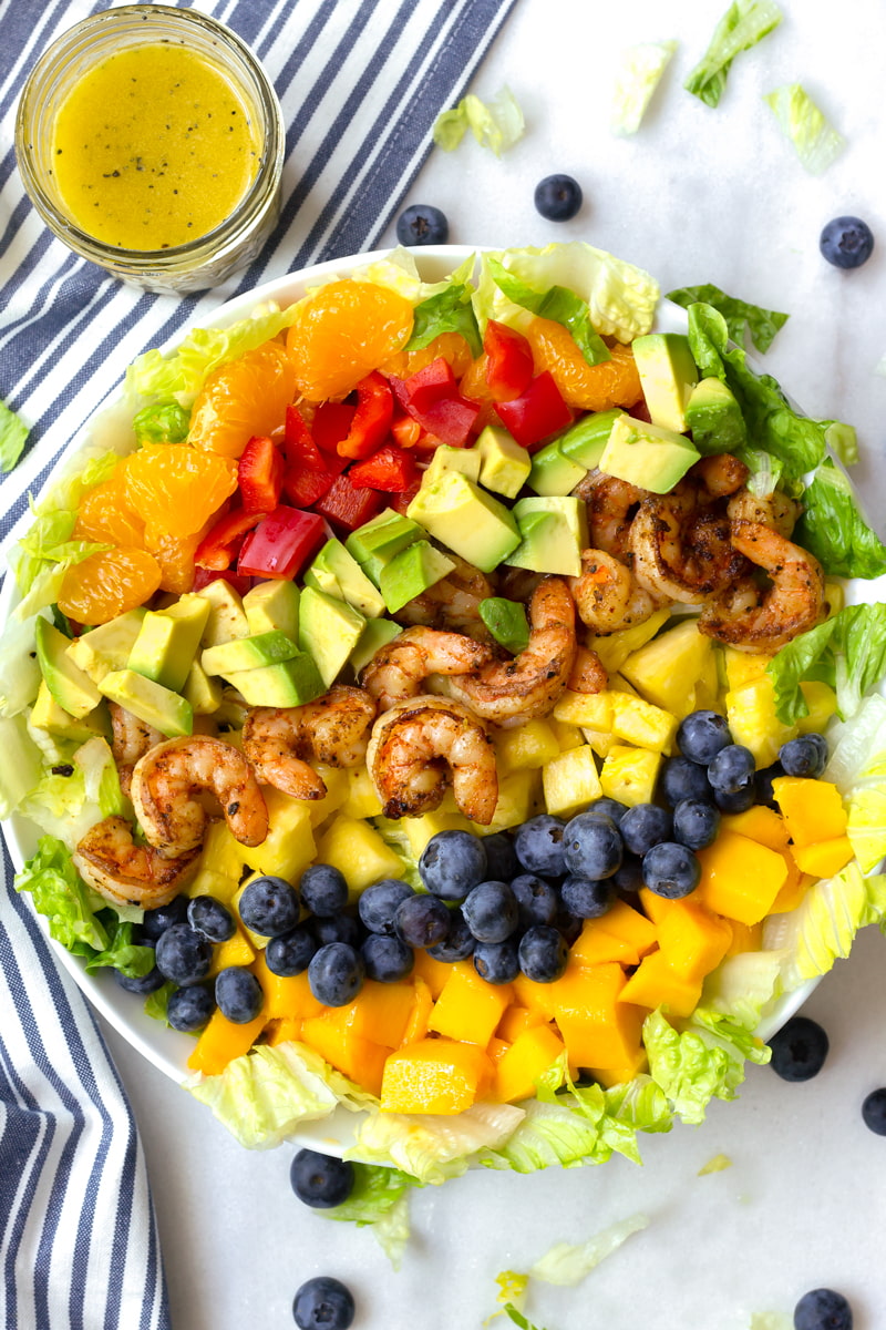 tropical shrimp salad with orange poppy seed dressing