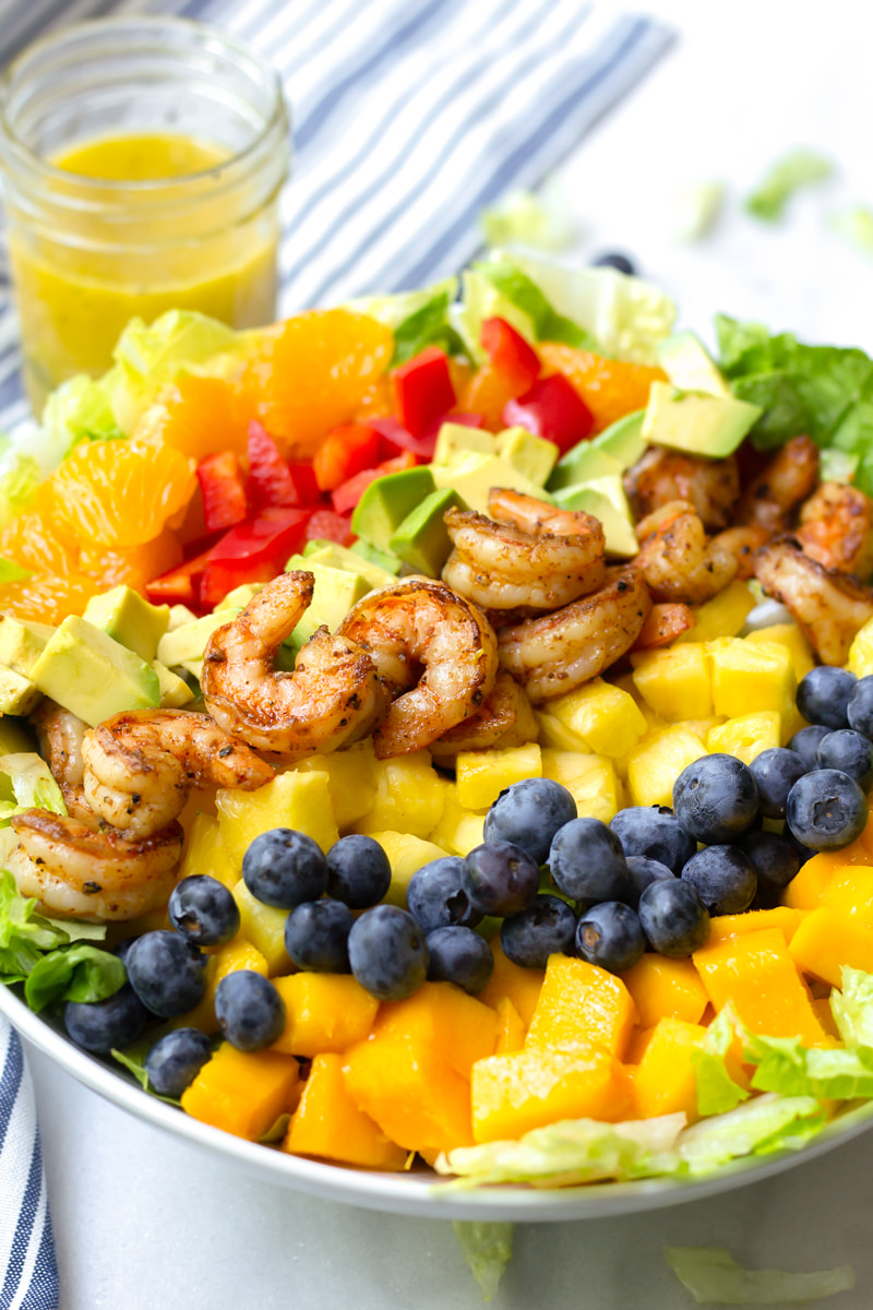 tropical shrimp salad with fruits and orange poppyseed dressing