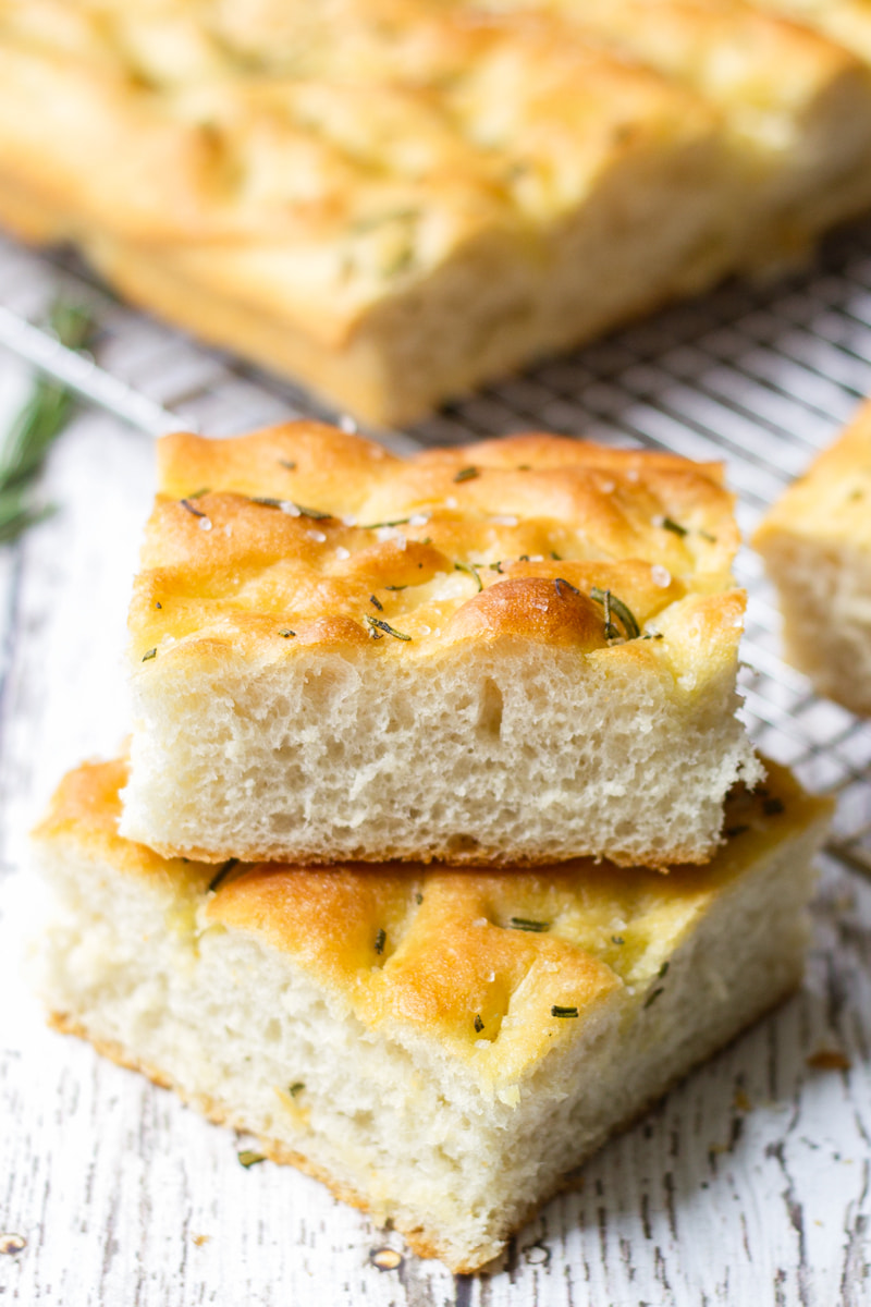two slices of rosemary focaccia bread