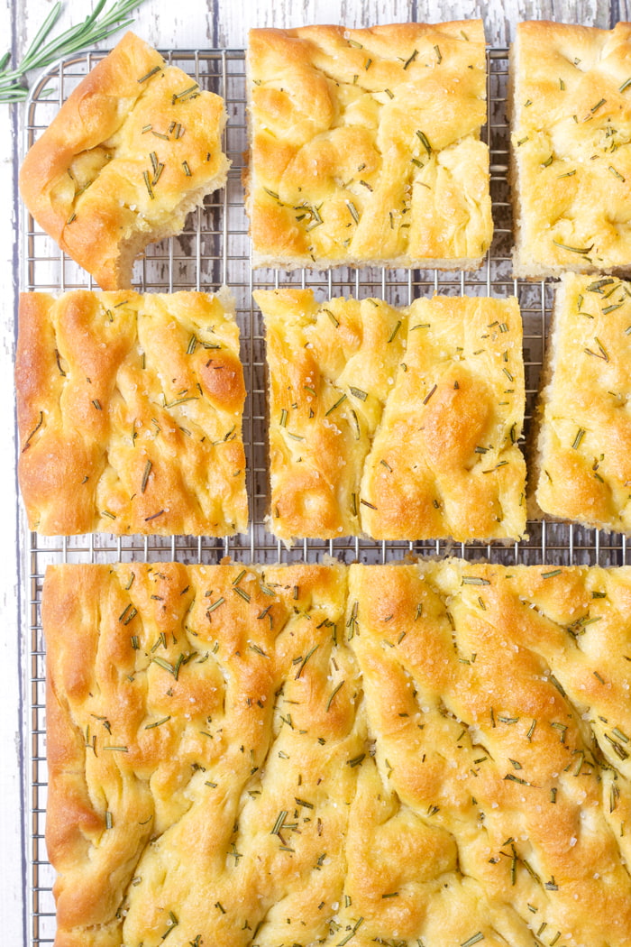 rosemary focaccia on cooling rack
