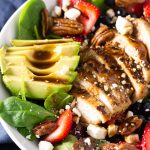 strawberry and spinach salad with chicken and maple balsamic dressing