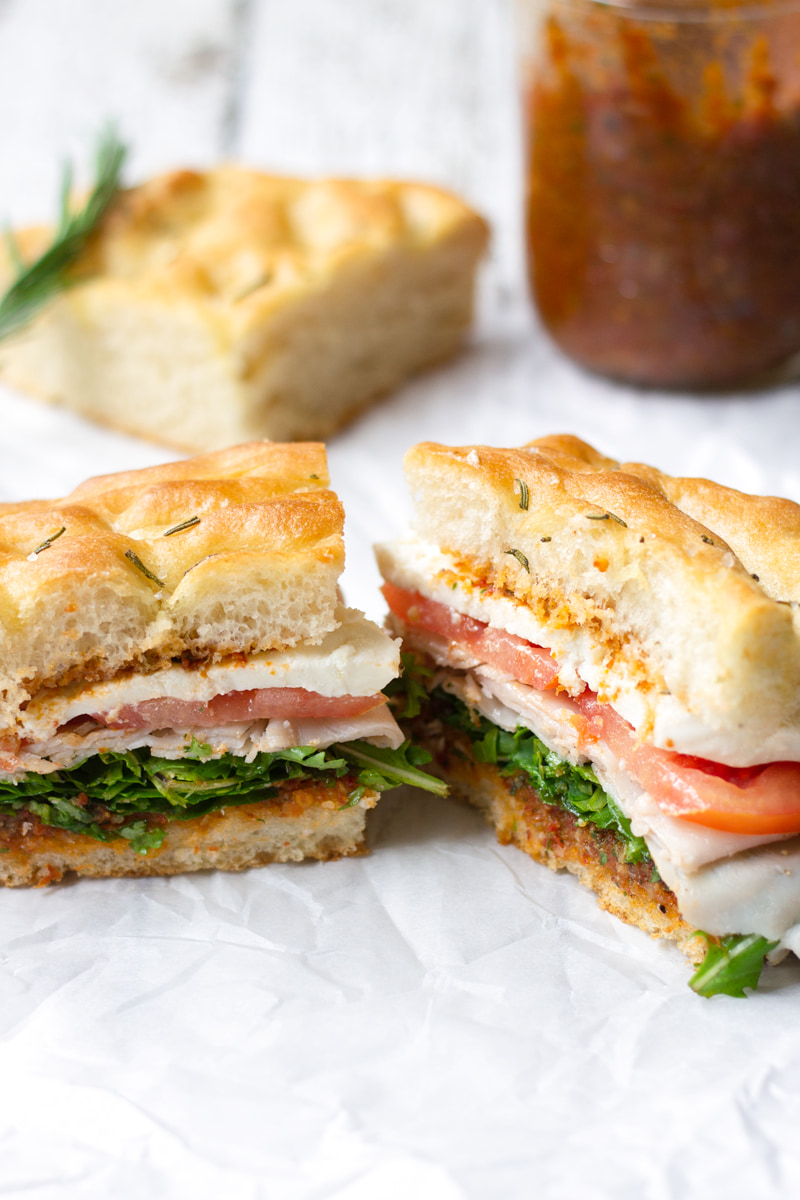 turkey mozzarella sandwich with rosemary focaccia bread