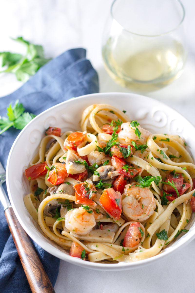 Garlic Shrimp Fettuccine with Tomatoes and Mushrooms - Cooking For My Soul