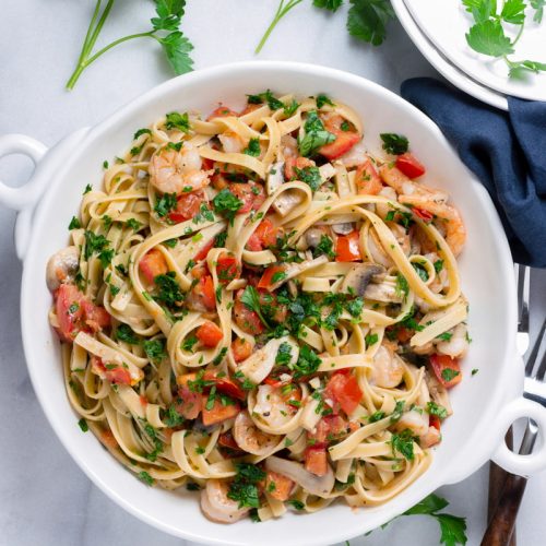 Garlic Shrimp Fettuccine With Tomatoes And Mushrooms - Cooking For My Soul