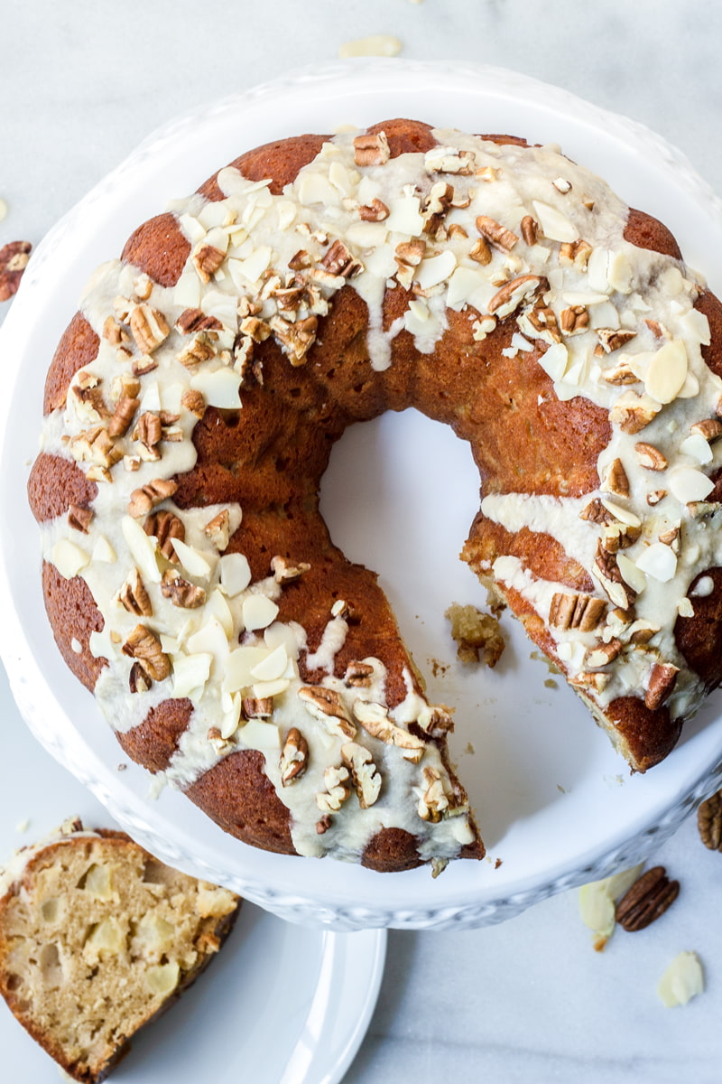 apple cake with maple glaze and pecans