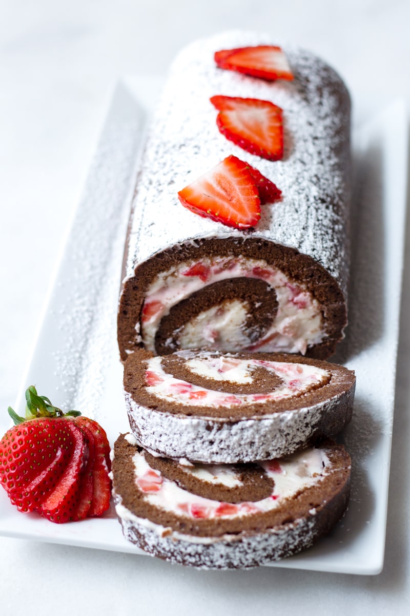 Chocolate Swiss Roll with Strawberries