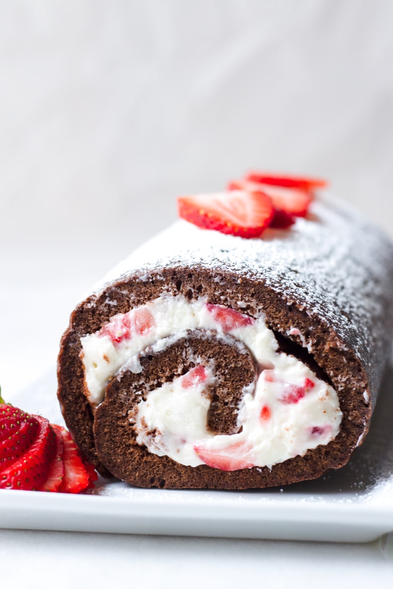 Chocolate Cake Roll with Cream Cheese and Strawberry Filling