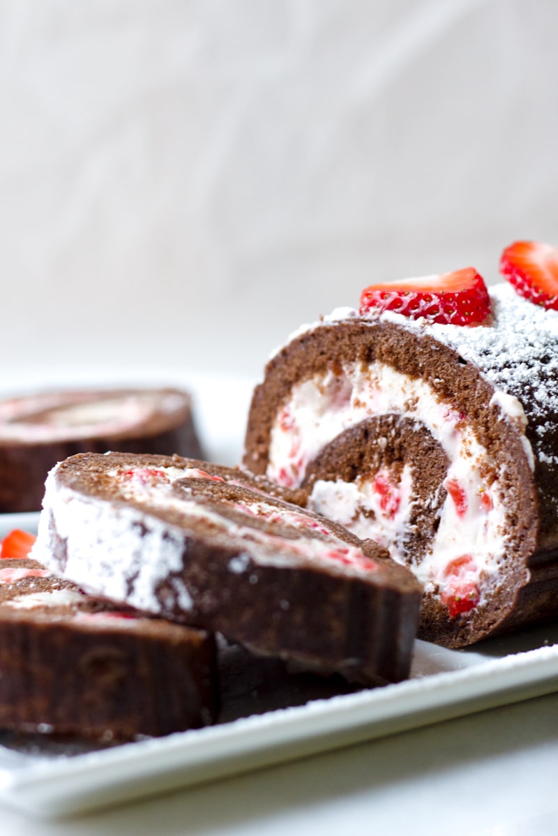 Easy Chocolate Cake Roll with Strawberry and Cream Cheese Filling