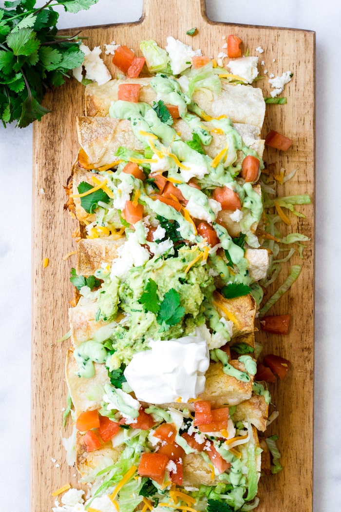 Oven Baked Chicken Taquitos with Toppings