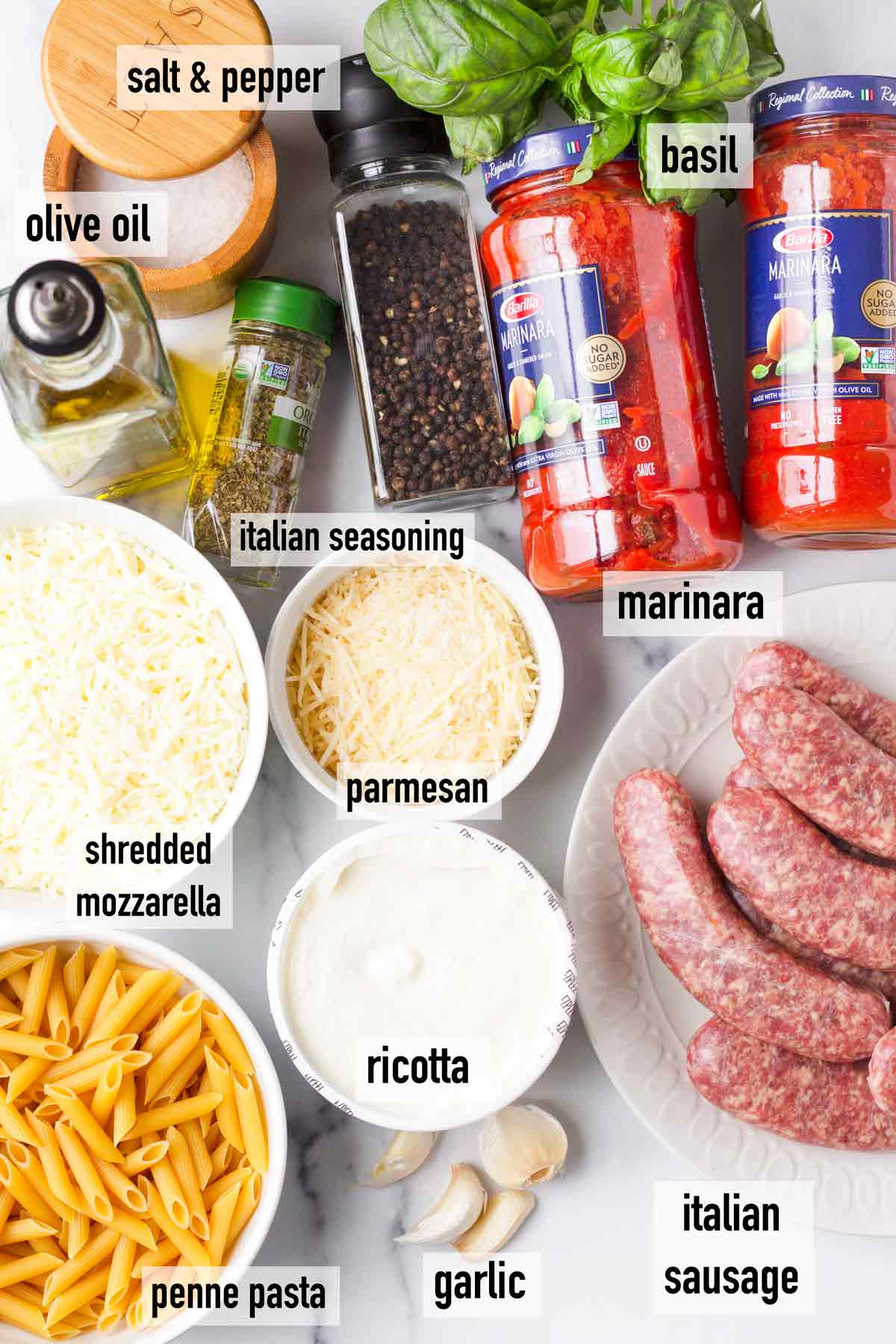 labeled ingredients to make pasta bake with sausage