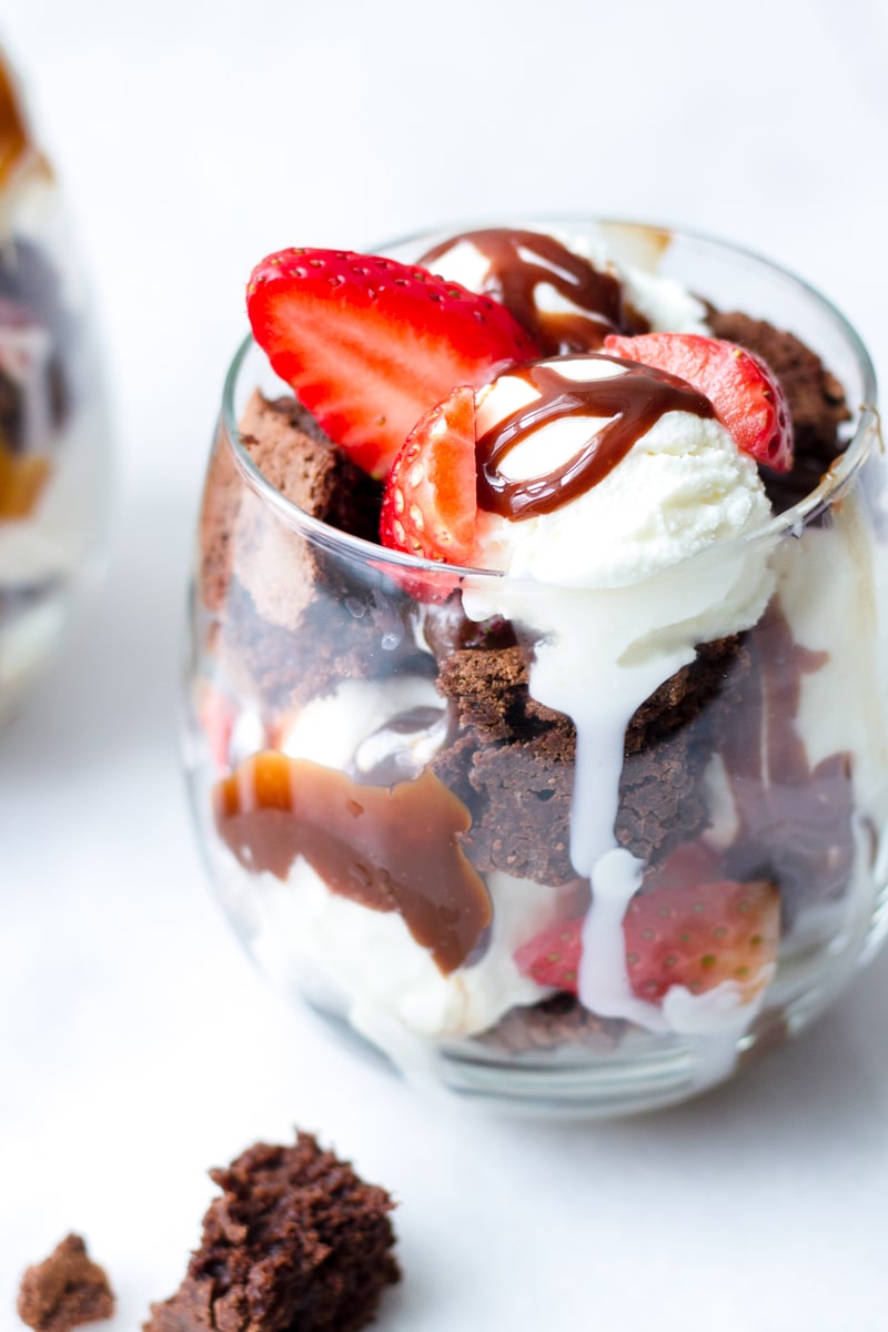 Brownie Hot Fudge Sundae with Strawberries