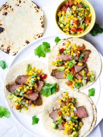 Grilled Skirt Steak Tacos with Corn Salsa