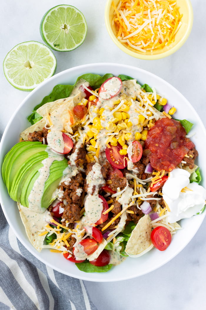 Taco Salad with Ground Beef, Avocado, and Tortillas Chips