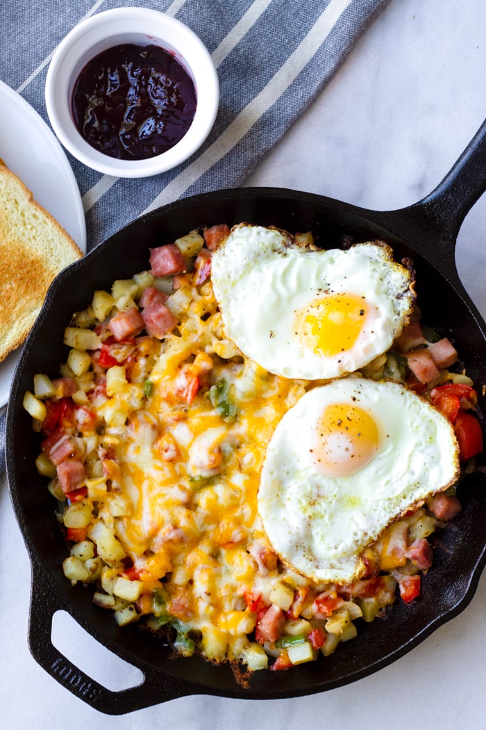 American Potato Skillet with Two Fried Eggs for Breakfast