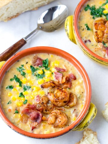 Two Bowls of Corn Chowder with Shrimp and Bacon