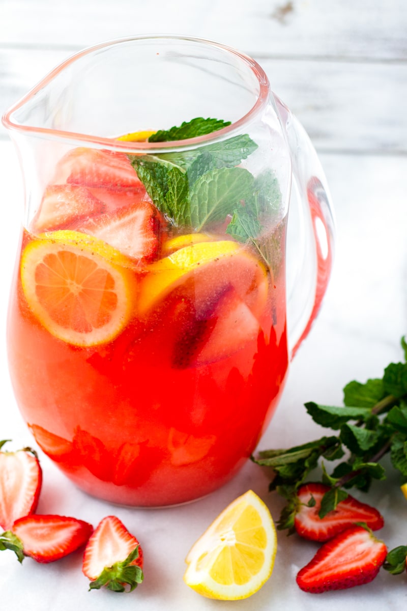 Pitcher of Lemonade made with Fresh Strawberries and Mint