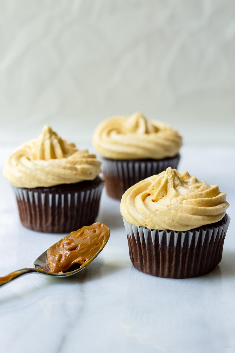 Three Chocolate Cupcakes with Dulce de Leche Filling and Frosting