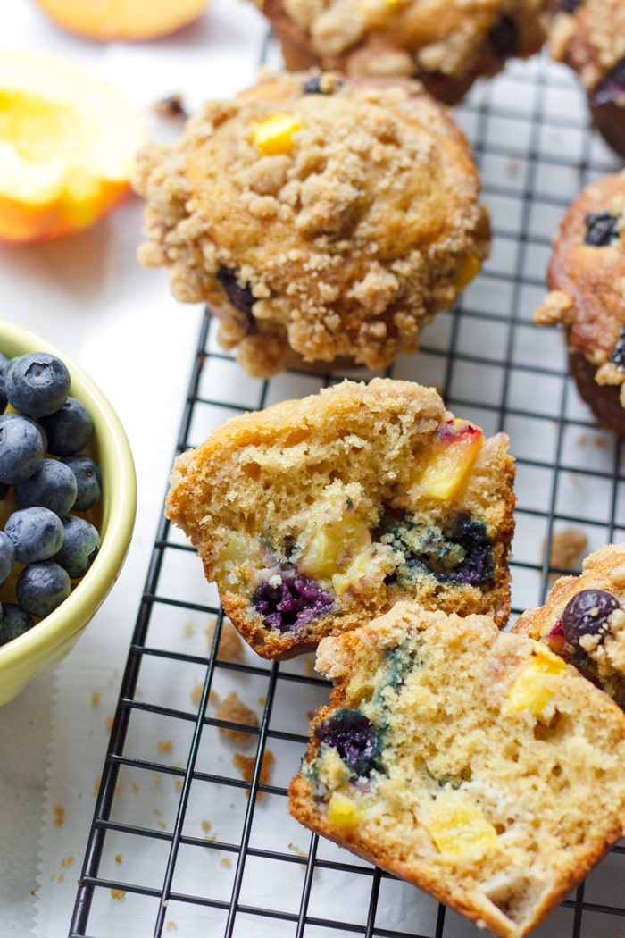 Blueberry Muffin Cut in Half with Peaches