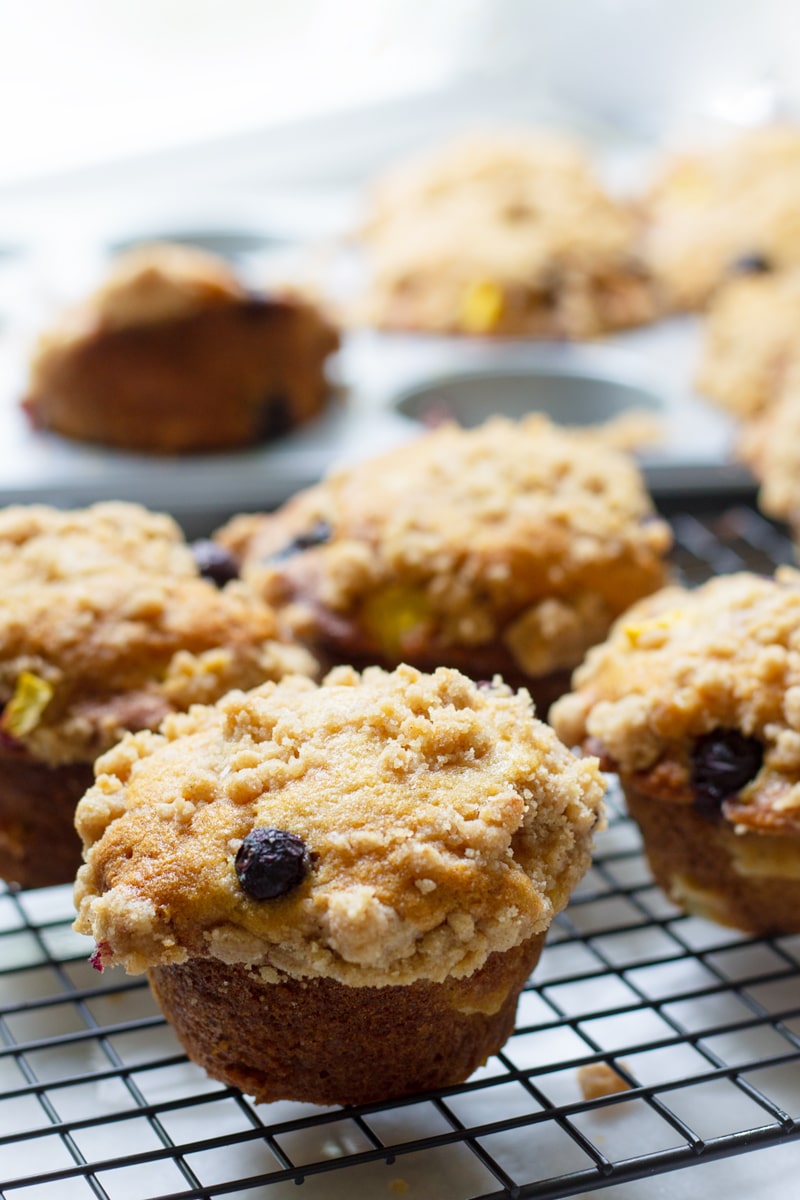 Streusel Blueberry and Peach Muffins Bakery Style