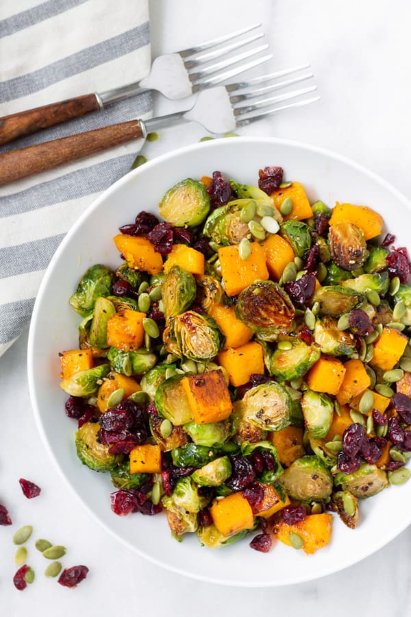 Bowl of Fall Salad Made of Butternut Squash and Brussels Sprouts