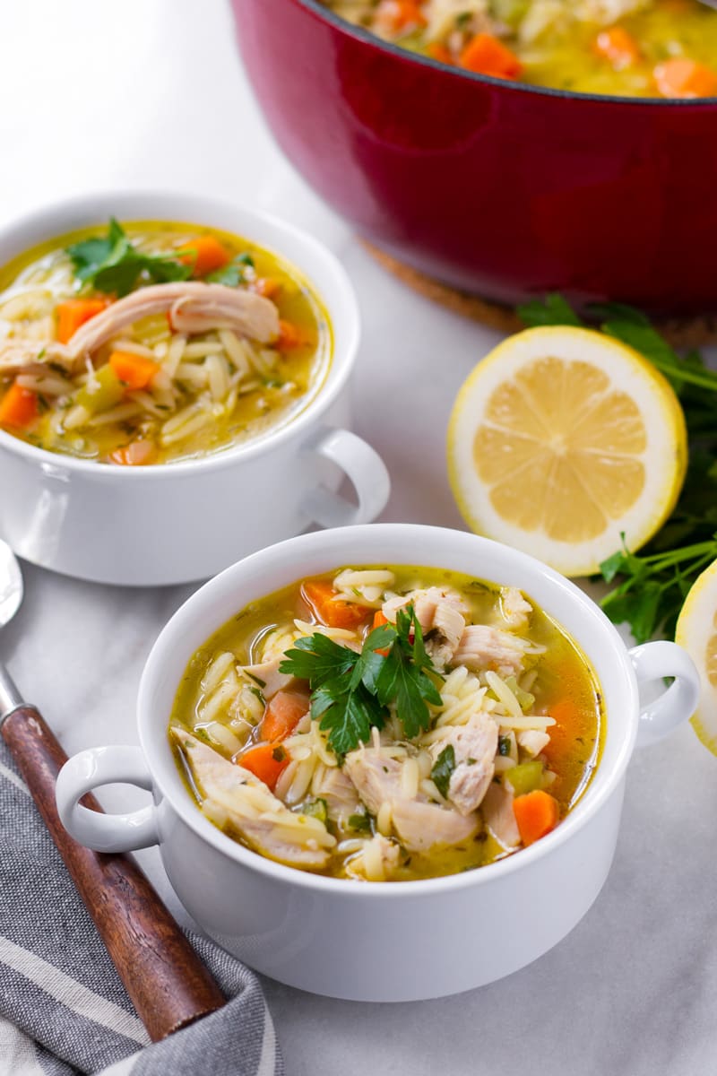 Two bowls of turkey orzo soup