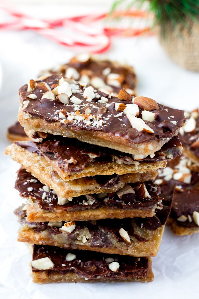 Easy Graham Cracker Toffee Bars with Almonds Stacked