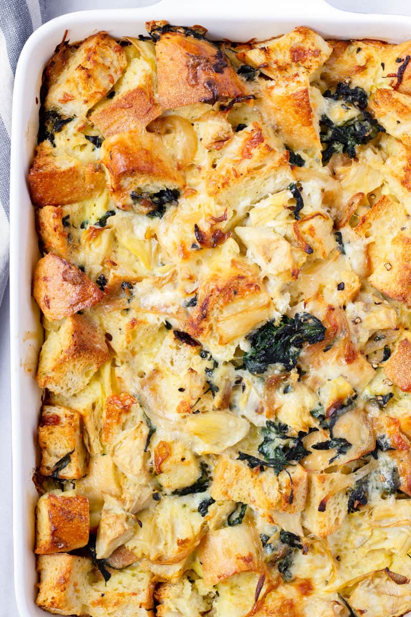 Strata with Spinach, Artichoke, and Caramelized Onions