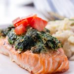 One Salmon Fillet with Spinach and Topped with Tomatoes
