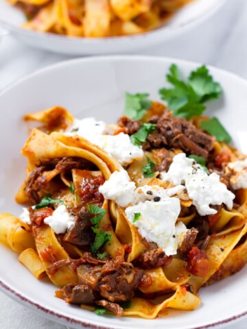 Bowl of Wide Pasta with Slow Cooked Meat Sauce and Topped with Creamy Cheese