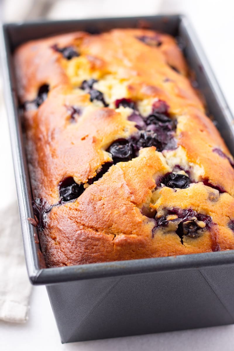 Loaf of Blueberry Bread in a Baking Pan