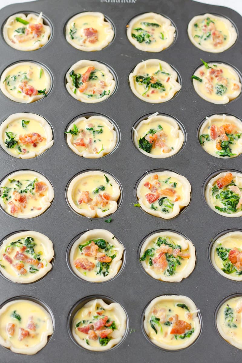 Assembly of Mini Quiche in a muffin tin