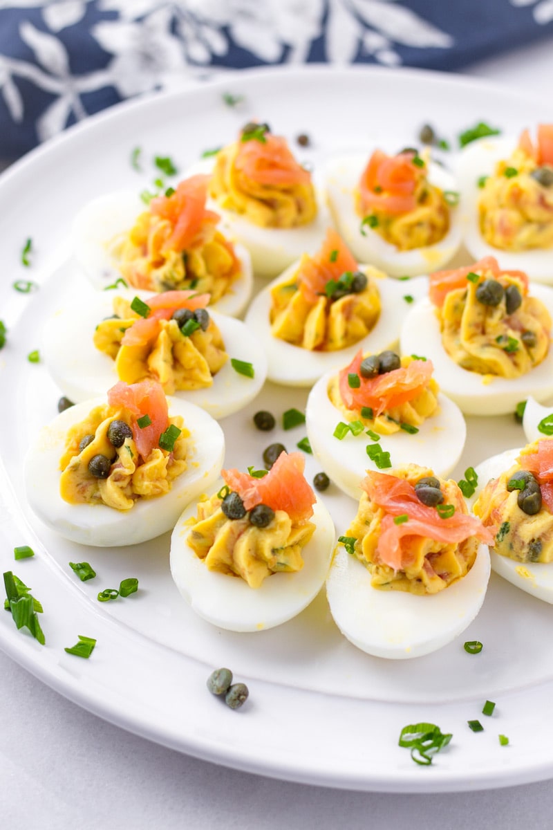 Deviled Eggs with Smoked Salmon on a Platter 