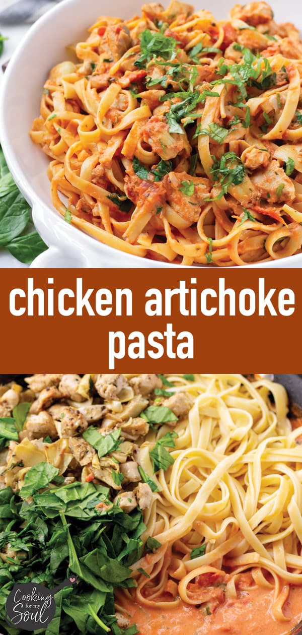 Pin image of creamy chicken artichoke pasta