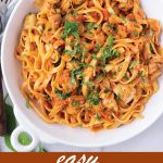 Pin image with text of chicken artichoke pasta