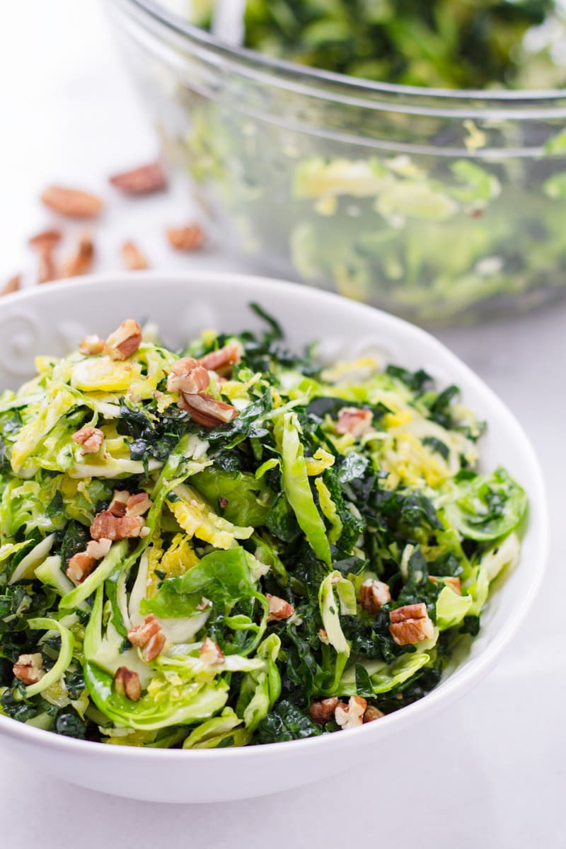 Freshly shaved brussels sprouts salad with kale and lemon dressing