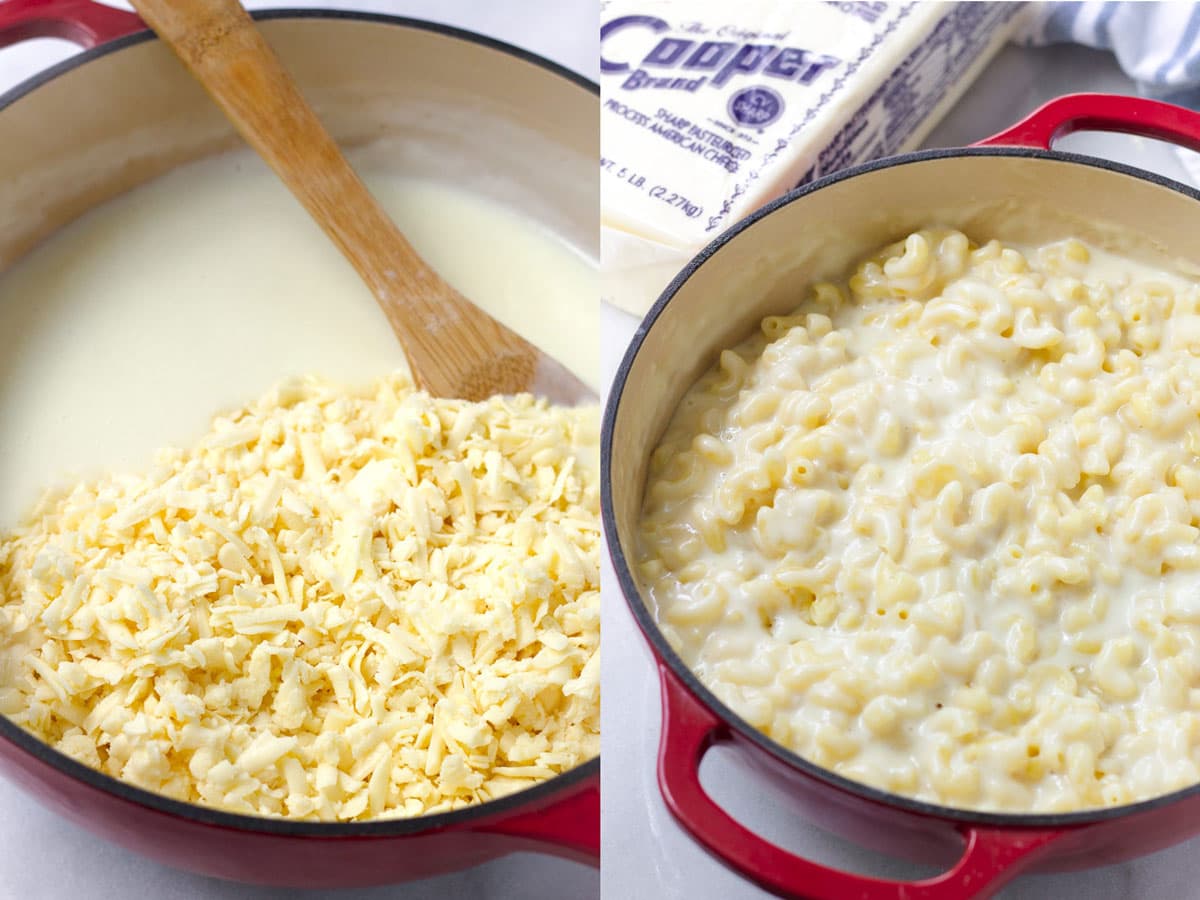 Two images side by side of shredded cheese with bechamel and prepared macaroni and cheese