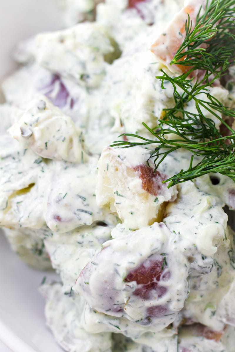 Close up of creamy potato salad with dill dressing