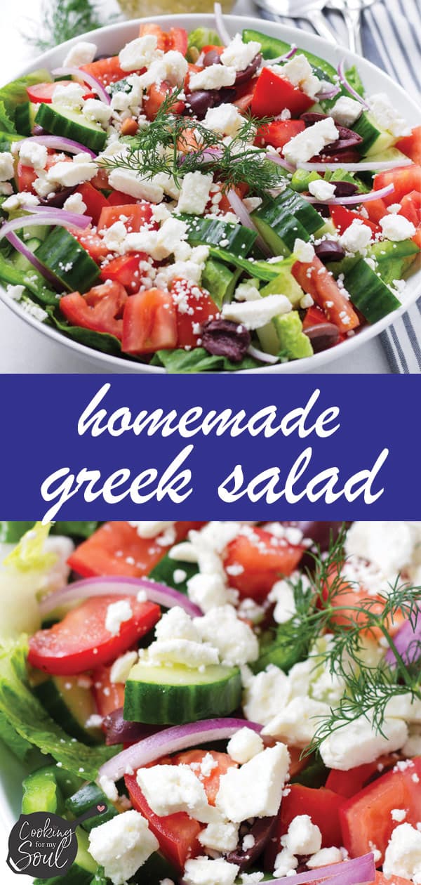 pin image design for homemade Greek salad
