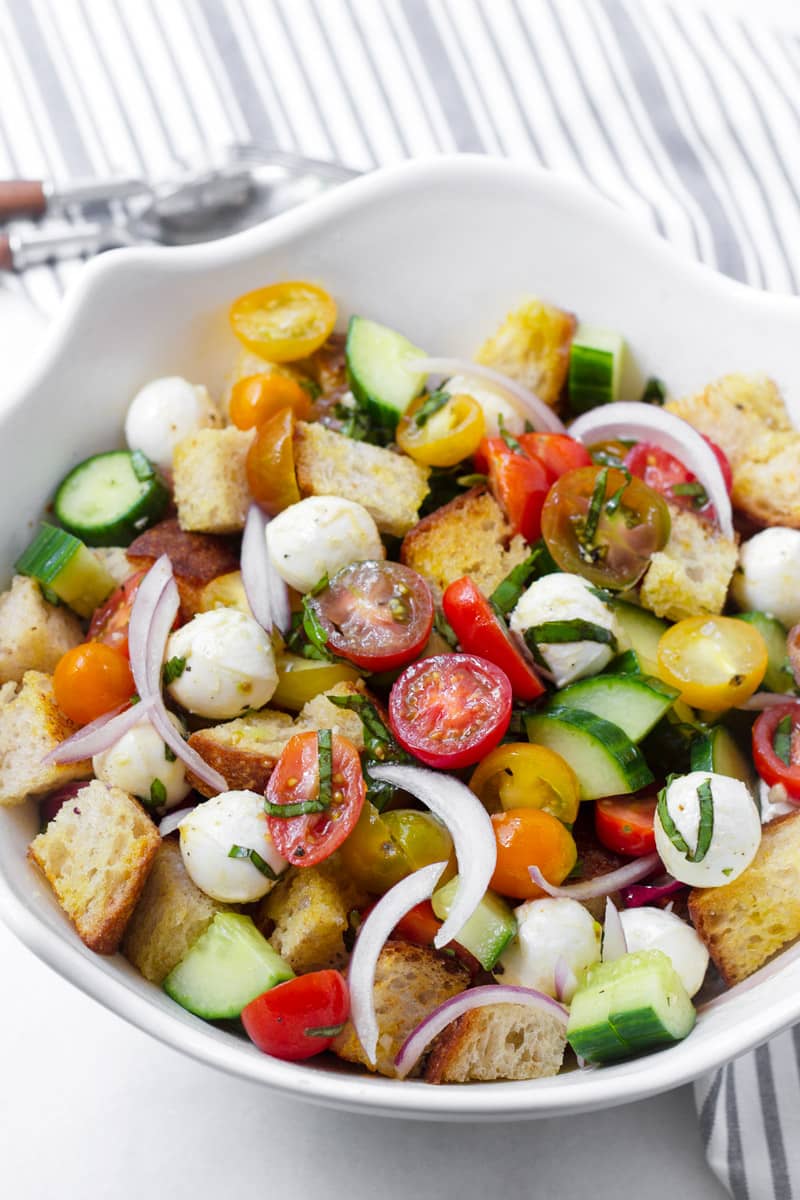 White bowl with homemade panzanella salad