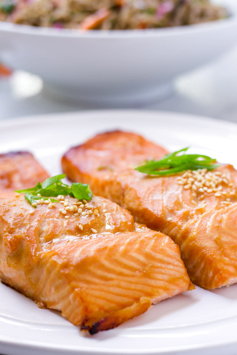 Two filets of baked salmon made with miso marinade
