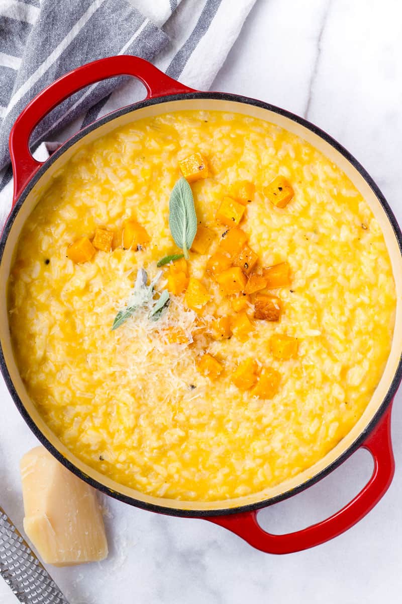 Top view of cooked butternut squash risotto in a pot