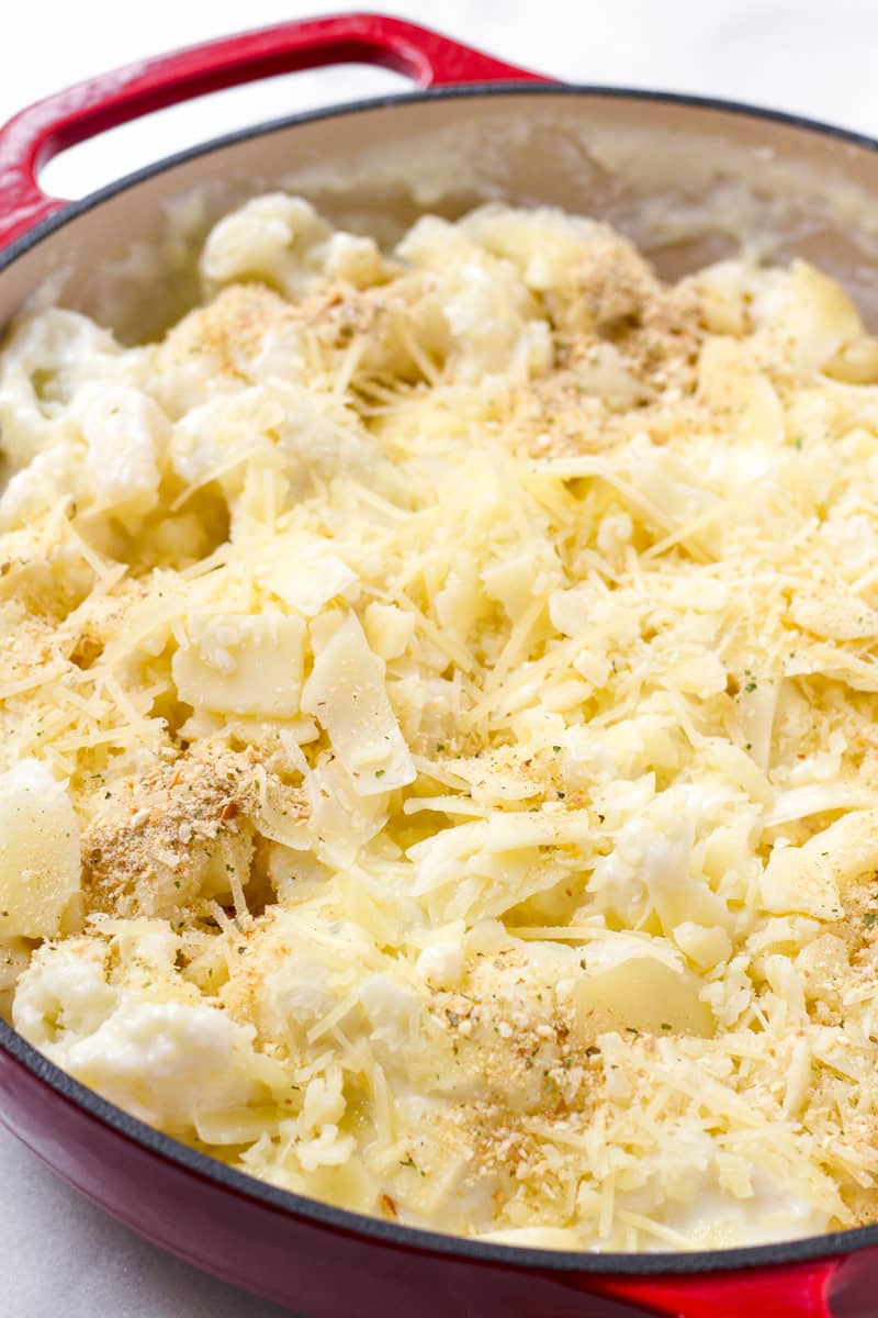 assembled cauliflower gratin topped grated cheese and bread crumbs on top