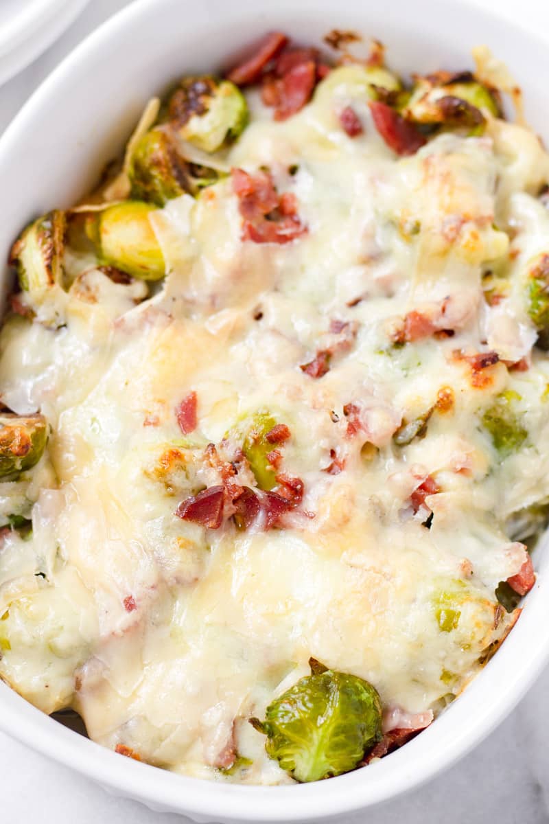 Close up of cheese Brussels sprouts au gratin bake with bacon