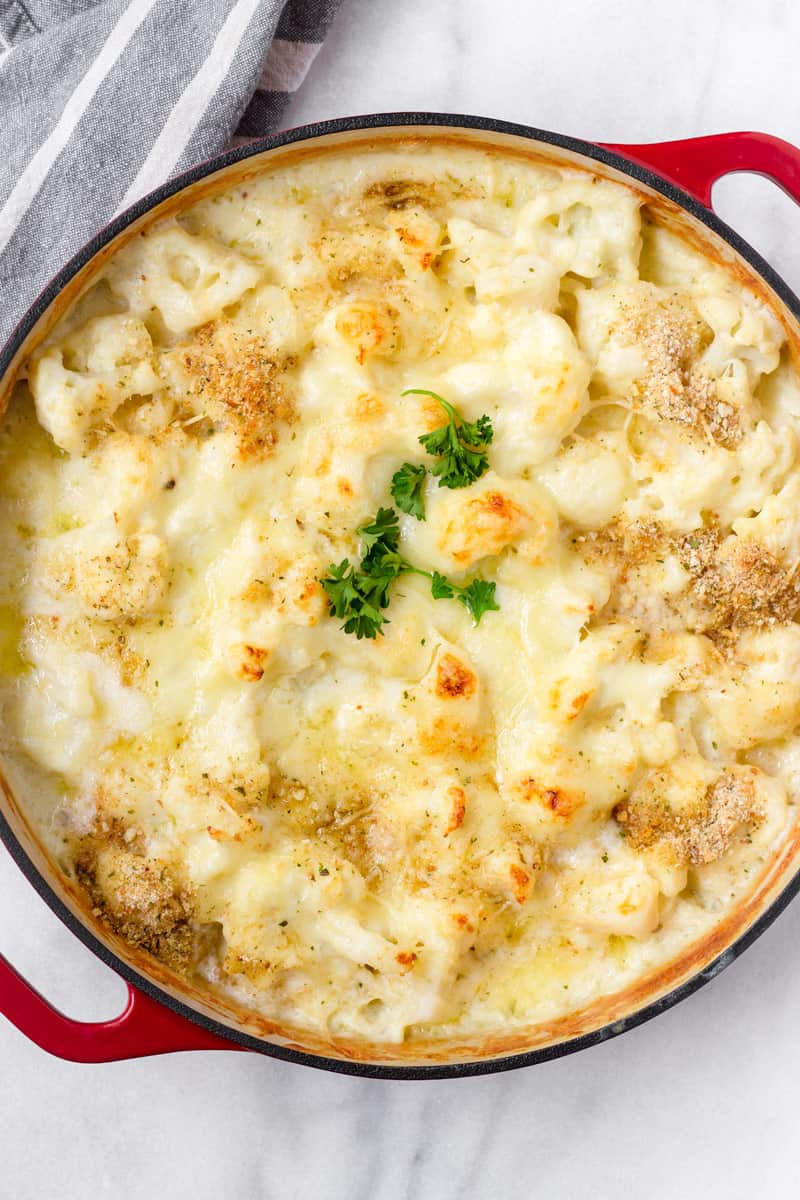 top view of baked cauliflower casserole with cheese and bread crumbs