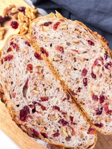 inside view of baked dried cranberry and nut bread