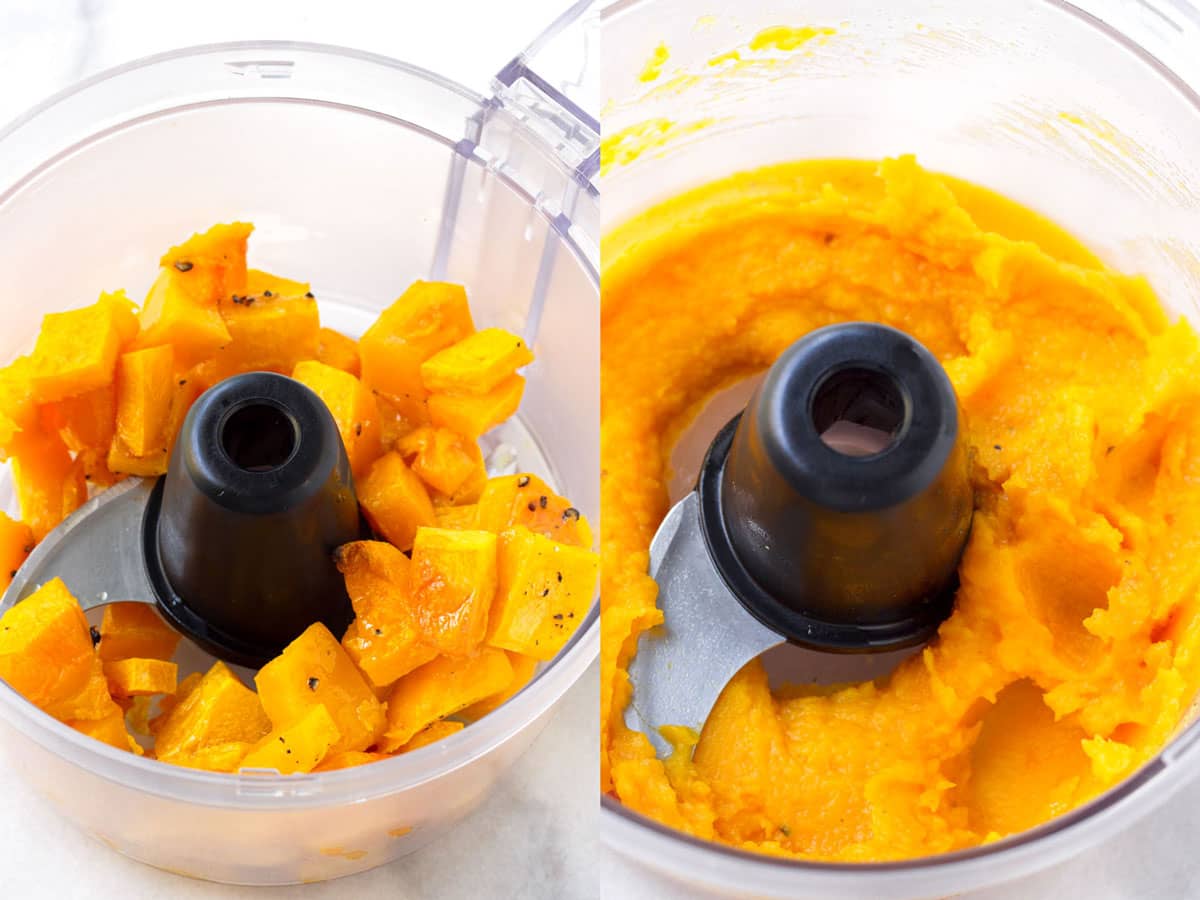roasted squash in a food processor to the left, and pureed butternut squash on the right